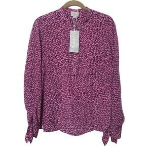 Grey by Jason Wu 100% Silk Navy Pink Tie Sleeve Popover blouse Top Sz 10 NWT